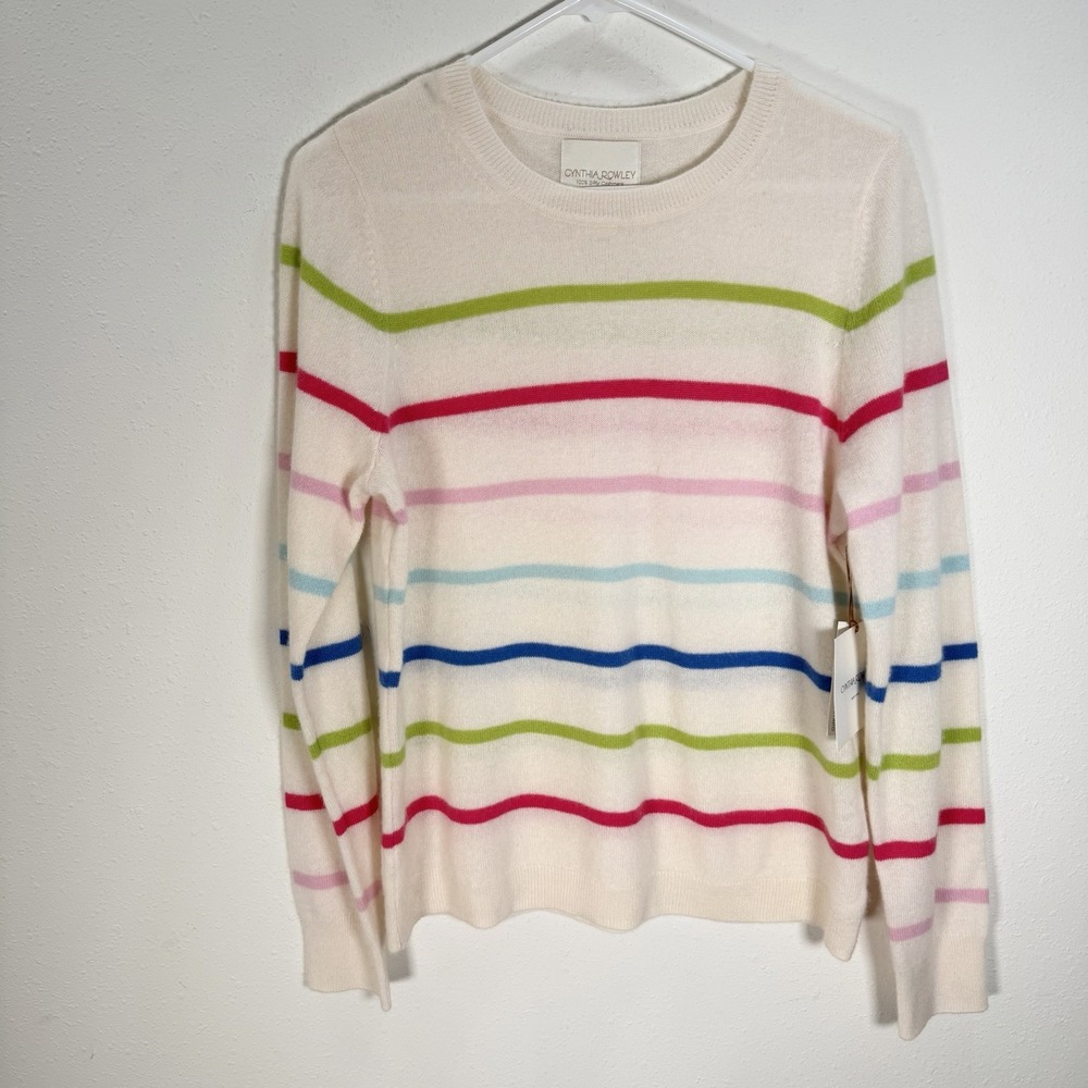 NWT Cynthia Rowley Sweater 100% Cashmere Womens Sz L Rainbow Stripe *Repaired